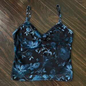 Y2K Black Teal Floral Micromesh Tank